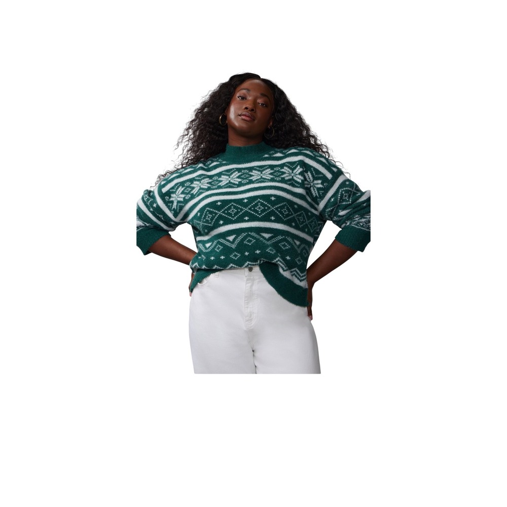 NY&C Womens 2X Green White Snowflake Fair Isle‎ Mock Neck Sweater